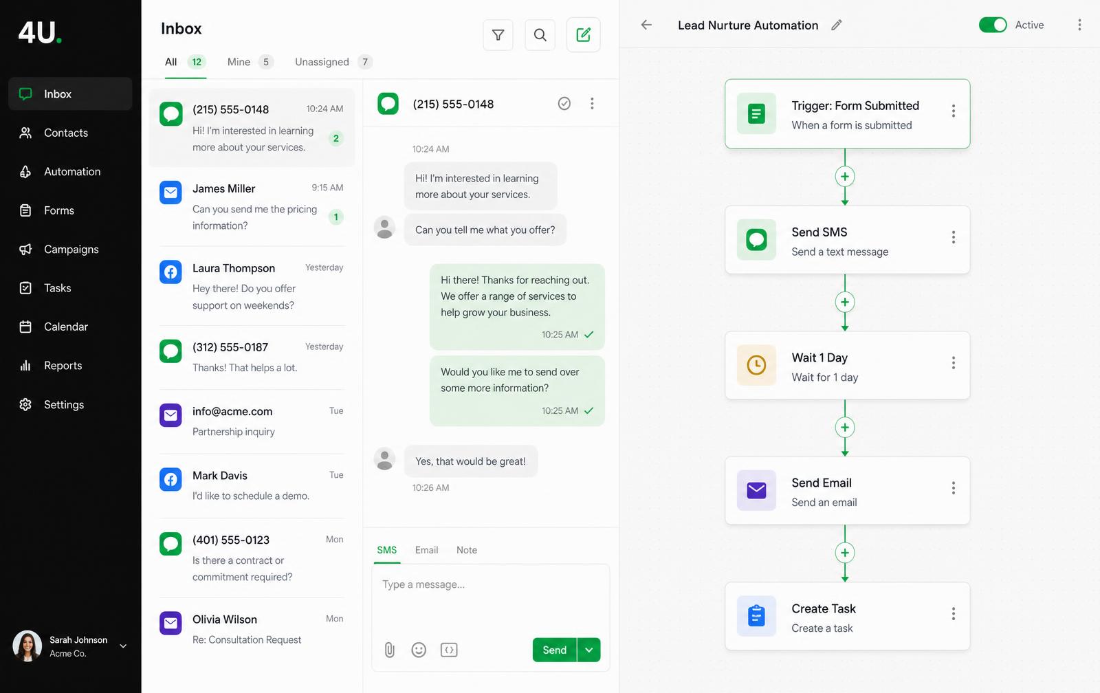 4U Suite unified inbox beside an automation workflow builder with SMS, wait and email steps