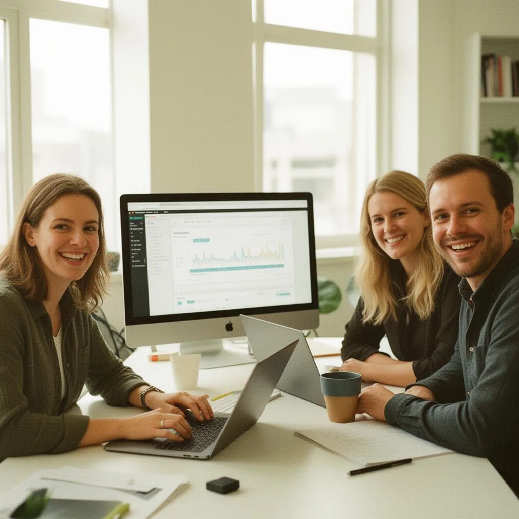 Agency team collaborating on white label marketing campaigns in a bright office
