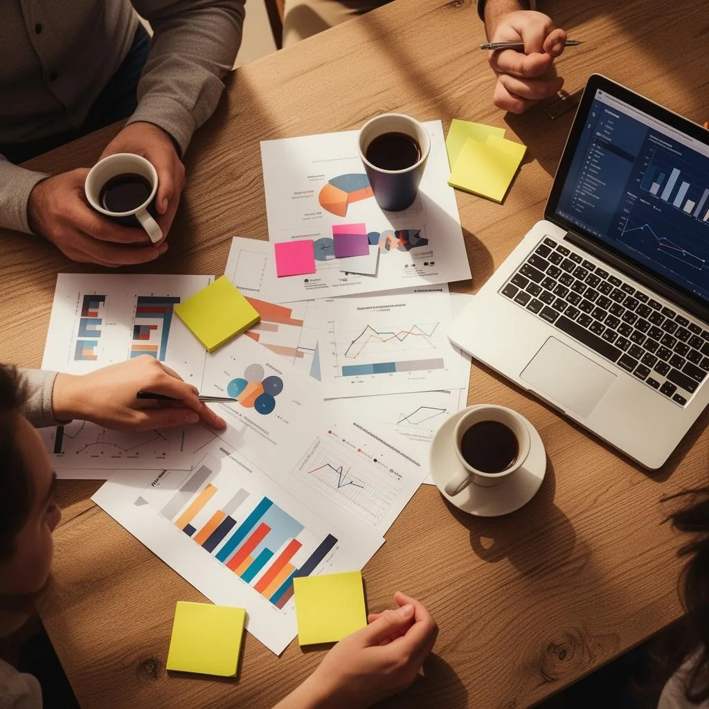 Marketing strategy meeting with printed analytics and charts on a table