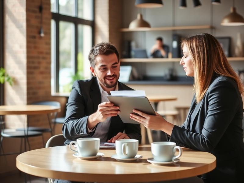 Business partners discussing a white label marketing partnership over coffee
