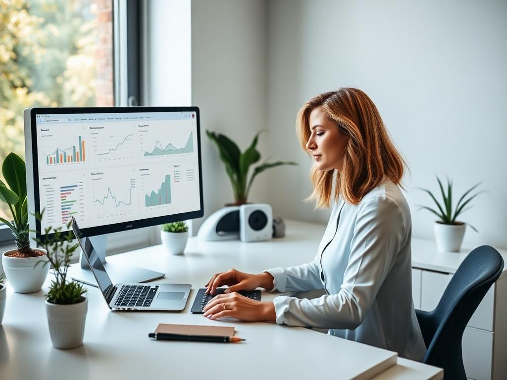 Agency owner reviewing marketing analytics and campaign data on a monitor