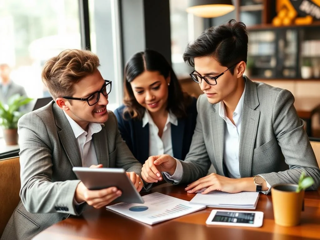 Two professionals reviewing white label marketing reports during a client meeting