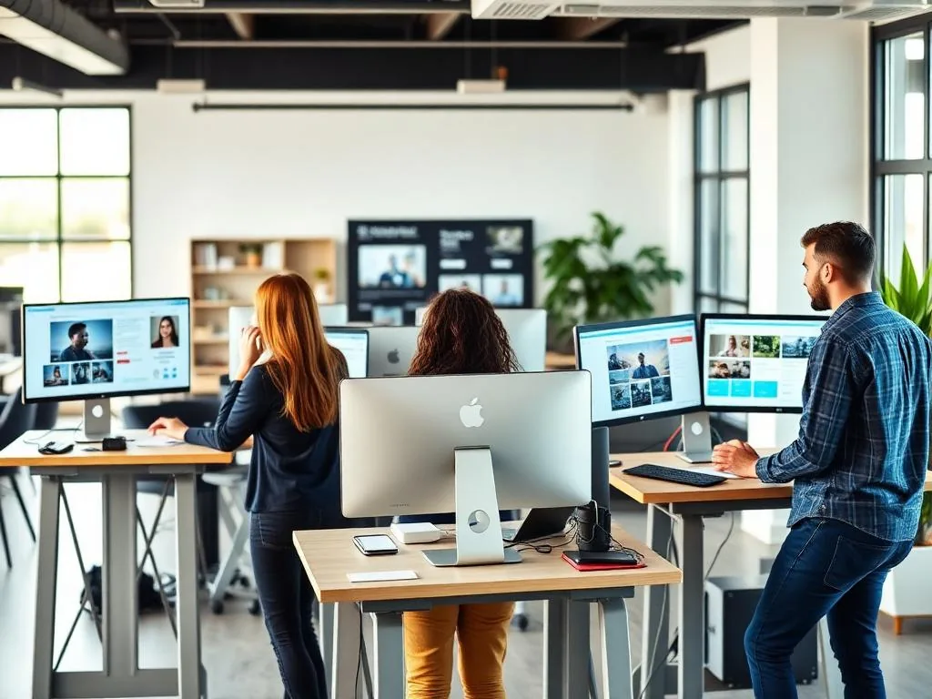 Marketing specialists working at standing desks delivering white label services
